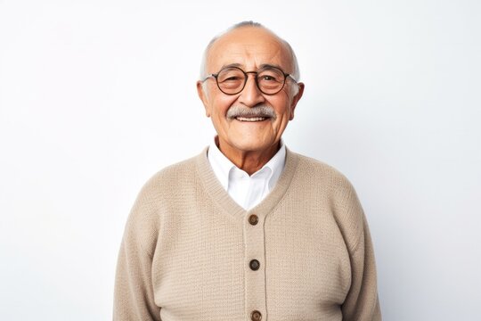 portrait of a Mexican man in his 90s wearing a chic cardigan against a white background