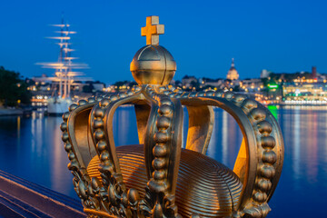 stockholm view with crown at night