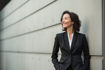 portrait of a Mexican woman in her 50s wearing a sleek suit against a modern architectural background - obrazy, fototapety, plakaty