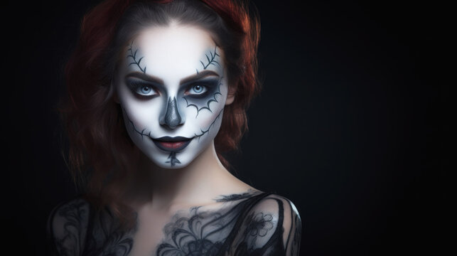 Beautiful young woman with Halloween make-up on a dark background	
