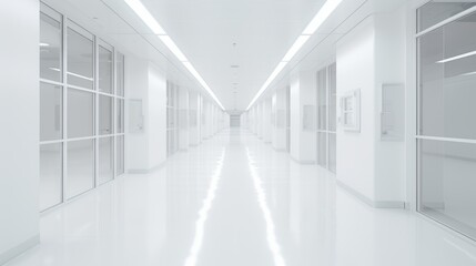 Empty white and clean hospital corridor, Generative AI