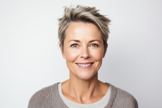 portrait of a Polish woman in her 40s wearing a chic cardigan against a white background