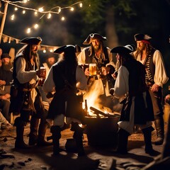 A secret gathering of pirates discuss their dastardly plans of skulduggery around the campfire! - obrazy, fototapety, plakaty