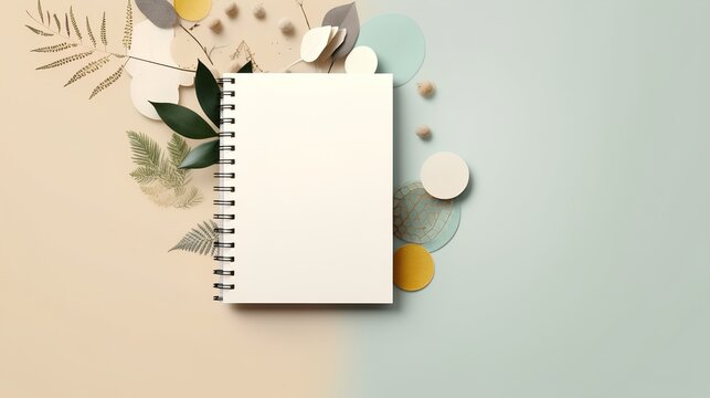 A beautifully designed journaling notebook lies open to a blank page, inviting creativity. The page is adorned with abstract decorative elements, adding an artistic touch to the notebook.