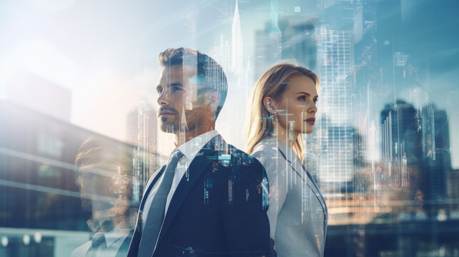Corporate business people in double exposure, portrait
