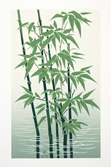A painting of a bamboo tree in the water. Imaginary illustration.