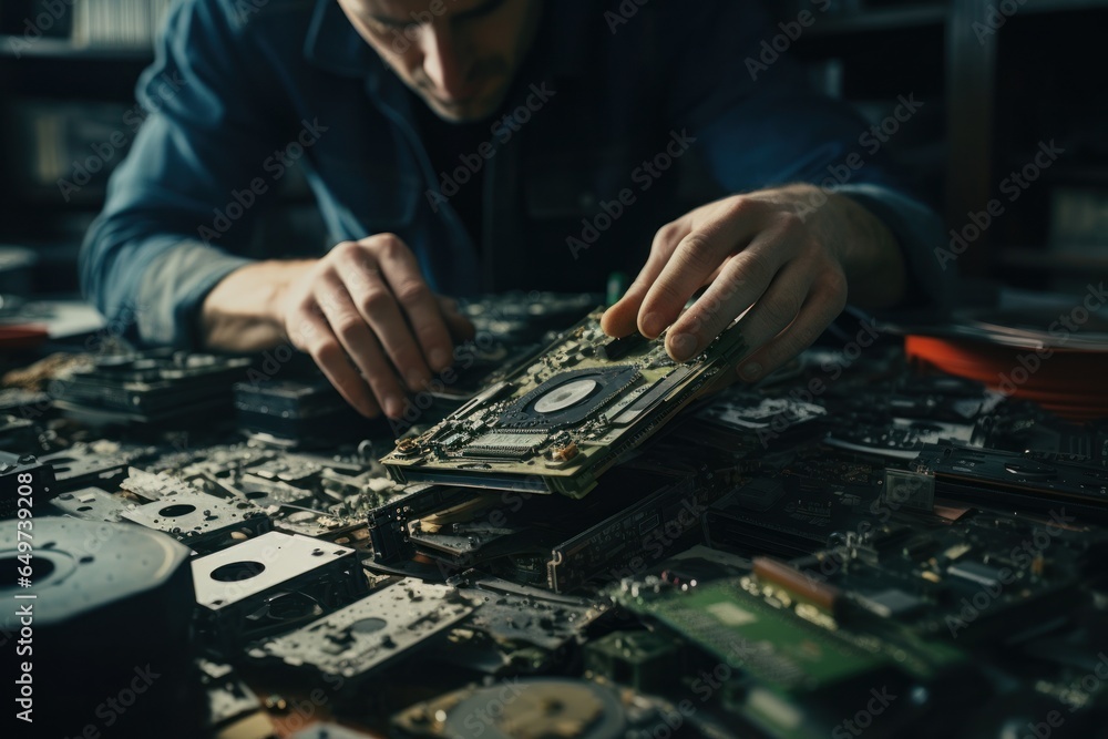 Poster A man is seen working on a computer motherboard. This image can be used to illustrate technology, computer hardware, computer repair, or electronics manufacturing.