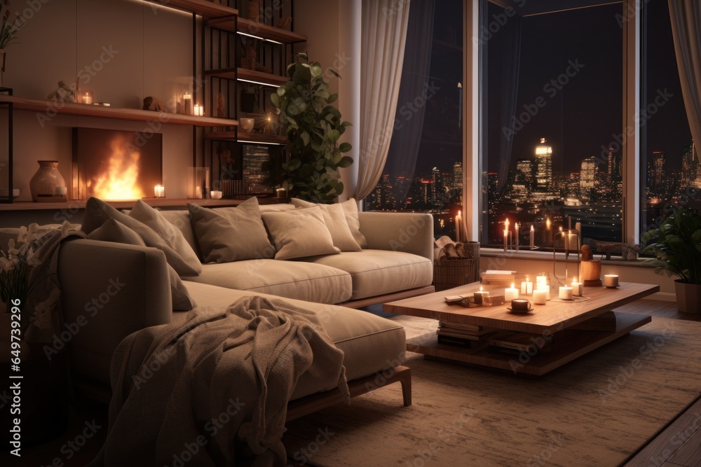 Poster a warm and inviting living room with comfortable furniture and a cozy ambiance created by the soft g