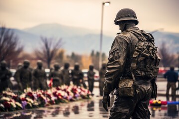 A statue of a soldier standing in front of a memorial. This image captures the solemnity and reverence of a memorial dedicated to fallen soldiers. It can be used to honor and remember those who have s
