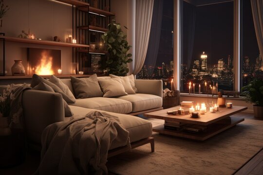 A warm and inviting living room with comfortable furniture and a cozy ambiance created by the soft glow of candles. Perfect for creating a relaxing atmosphere in any home or for showcasing the beauty 