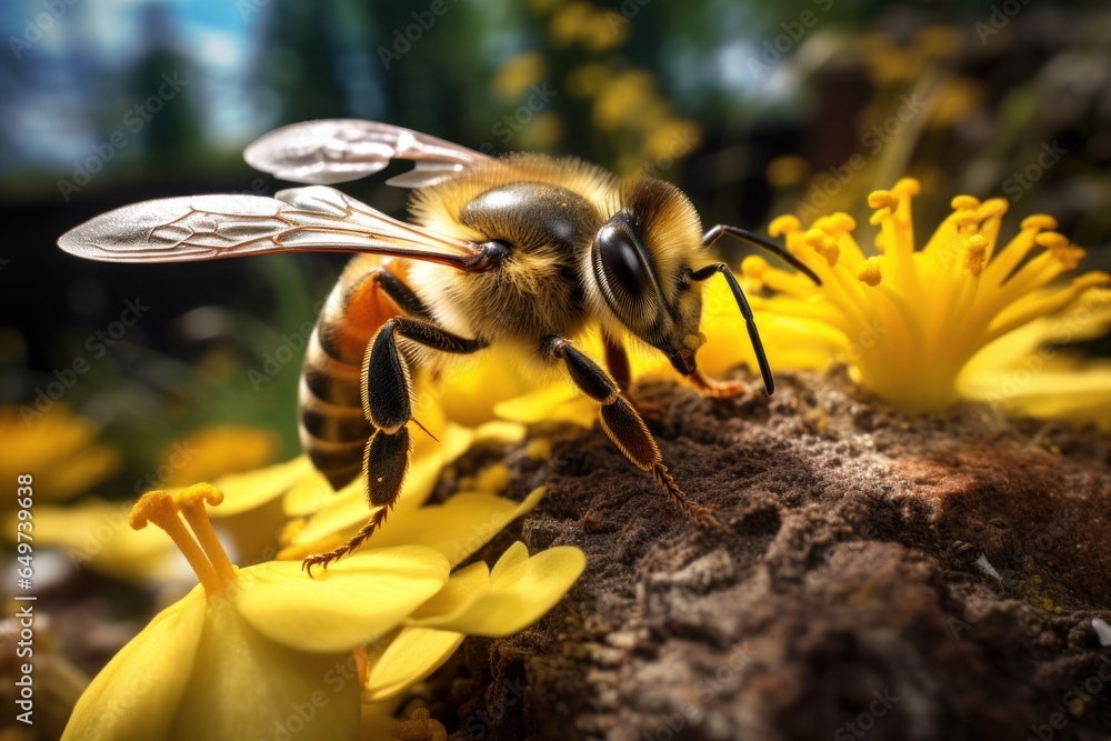 Poster a bee perched on a vibrant yellow flower. this image captures the beauty of nature and the interacti