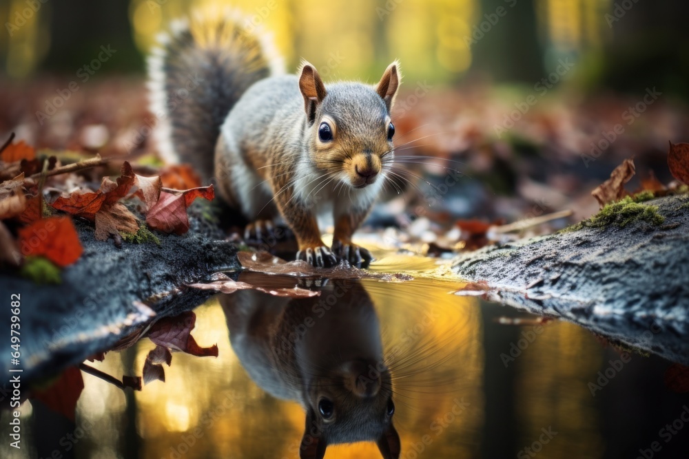 Poster a squirrel stands in a puddle of water. this image can be used to depict wildlife in natural habitat