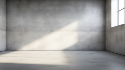 Empty room interior with concrete walls, grey floor with light and soft skylight from window. Background with copy-space. 