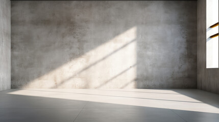 Empty room interior with concrete walls, grey floor with light and soft skylight from window. Background with copy-space. 