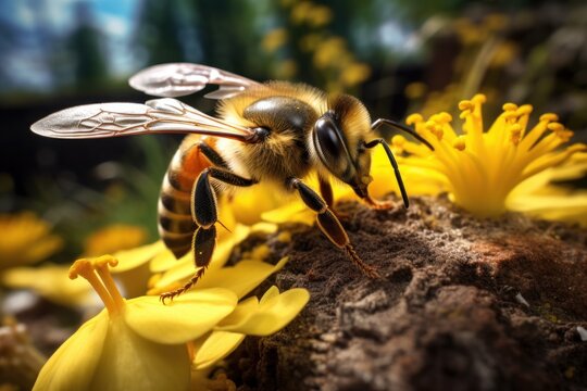 A bee perched on a vibrant yellow flower. This image captures the beauty of nature and the interaction between insects and flowers. Perfect for any project that requires a touch of nature or a focus o