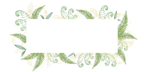Gold banner,luxury background. Hand Drawn Illustration brush stroke paint
 ornament decorate.Watercolor leaves,green foliage. Wedding invitation border