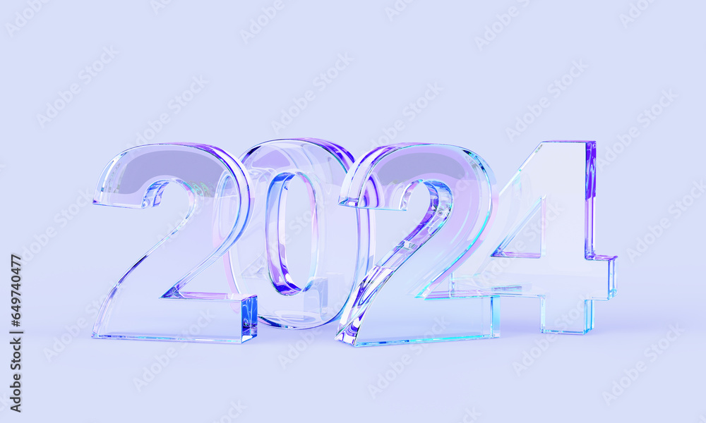 Poster glass 2024 numbers on purple background, new year banner. transparent font with holographic gradient