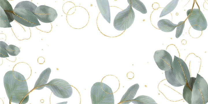 Gold banner,luxury background. Hand Drawn Illustration brush stroke paint
 ornament decorate.Watercolor leaves,green foliage. Wedding invitation border