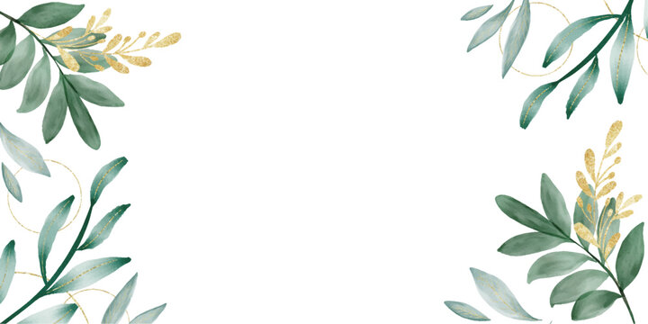 Gold banner,luxury background. Hand Drawn Illustration brush stroke paint
 ornament decorate.Watercolor leaves,green foliage. Wedding invitation border