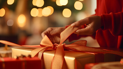 Close-up of person with nimble fingers expertly tying a festive golden ribbon around a perfectly wrapped christmas gift - obrazy, fototapety, plakaty
