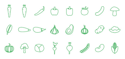 Outline Vegetables Icon Set of Parsey Root, Carrot, Chilli, Paprika, Pepper, Tomato, Cucumber, Mushroom, Spinach, Zucchini, Eggplant, Garlic, Onion, Potato, Tomato, Avocado, Cauliflower, Pumpkin, Broc