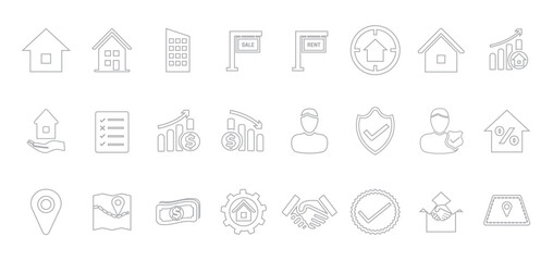 Outline Real Estate Icon Set of Home, House, Apartment, Buying, Renting, Searching, Investment, Choosing, Wishlist, Low High Price, Owner, Insurance, Agent, Loan, Location, Area, Price, Process, Deal,