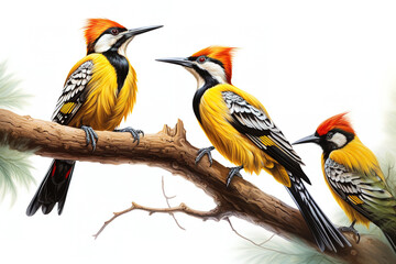 Fototapeta premium Image of group of common flameback birds on a branch on a white background. Birds. Animals. Illustration, Generative AI.