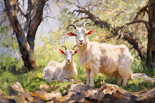Beautiful painting of a family of goats resting under the trees in the forest. Farm animals. Illustration, Generative AI.