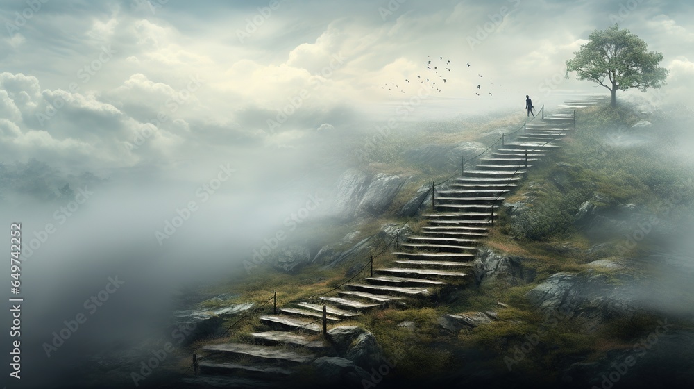 Poster a man standing on top of a hill next to a set of stairs. generative ai