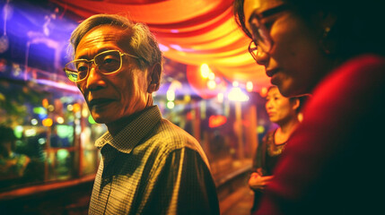 older man with light gray hair and glasses, m wearing a simple, typical shirt, in the nightlife