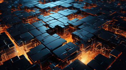 Abstract image of black cubes with glowing lines and orange light.