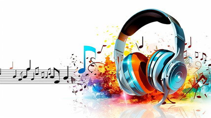 large headphones on a white background and around the symbols of notes, abstract musical background.