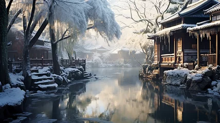 Fototapeten Winter landscape ancient chinese city embankment, chinese new year. © kichigin19