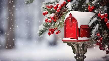 Classic traditional red mailbox adorned with christmas decoration and snow in a snowy village