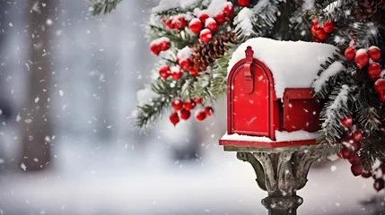 Fotobehang Classic traditional red mailbox adorned with christmas decoration and snow in a snowy village © JJ1990