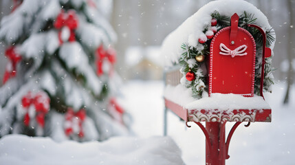 Classic traditional red mailbox adorned with christmas decoration and snow in a snowy village