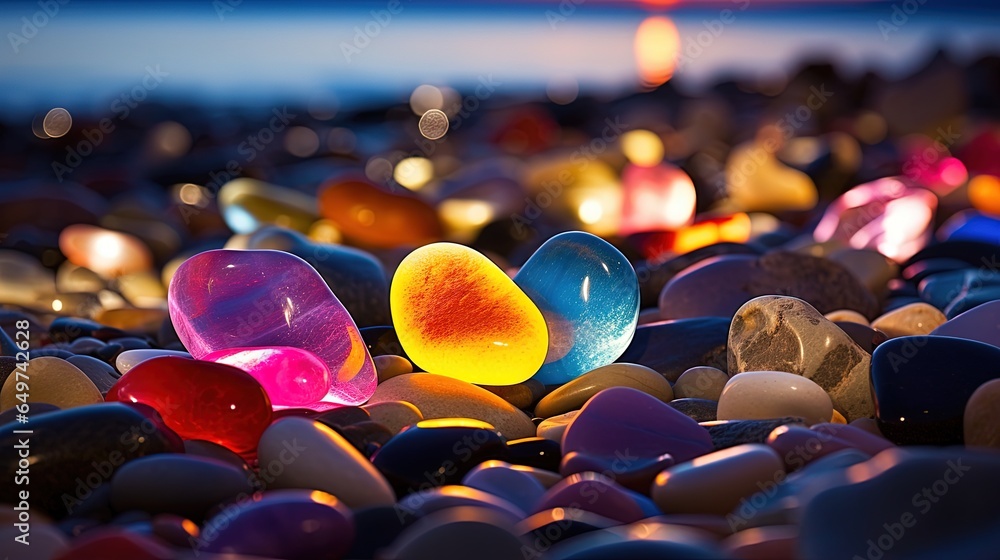 Poster a bunch of rocks that have some lights on top of them. generative ai