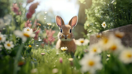Fototapeta na wymiar The baby bunny in a meadow in high grass, in the garden or in nature, sunny day, cute and sweet