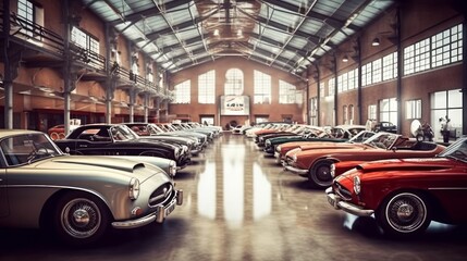 Vintage car showroom in a modern industrial space. AI generated - obrazy, fototapety, plakaty