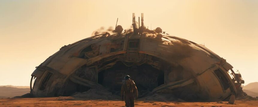 Man standing in front of exploding crushed spaceship laying on planet surface. Anamorphic 4k footage