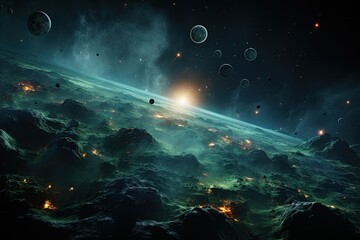 Exoplanets: An artistic representation of distant exoplanets orbiting a distant star.Generated with AI