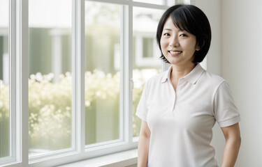 ポロシャツを着た笑顔の女性