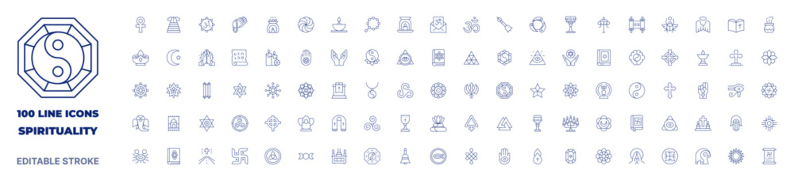 100 icons Spirituality collection. Thin line icon. Editable stroke. Spirituality icons for web and mobile app.