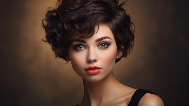 Picture portrait of young beautiful woman with short haircut styling