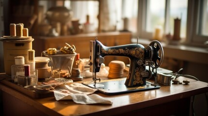 Fototapeta na wymiar Vintage sewing machine in a retro studio. AI generated