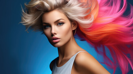 Beautiful woman model with long, flowing hair in shades of pink, orange, and blonde on a blue background.