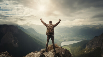 Man celebrating on mountain peak at sunset with arms raised, overlooking snow-capped mountains and valley.