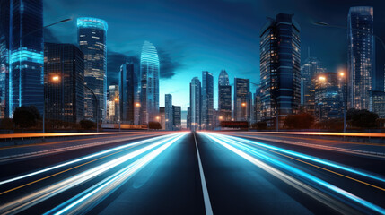 Highway leading to illuminated city skyline at night with light trails.