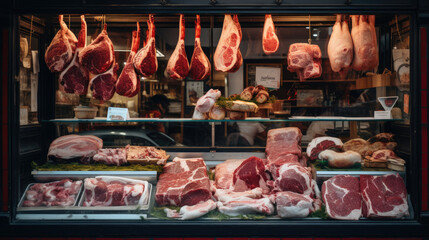 Meat display case in butcher shop, with various cuts of beef, pork, and poultry.