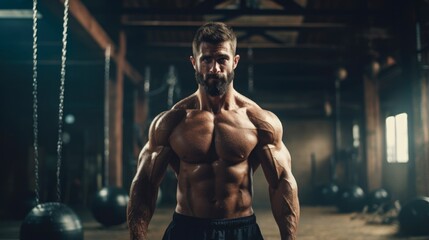 Fototapeta na wymiar Hardcore Man Workout. Muscular Athlete Training for Strength at the Gym